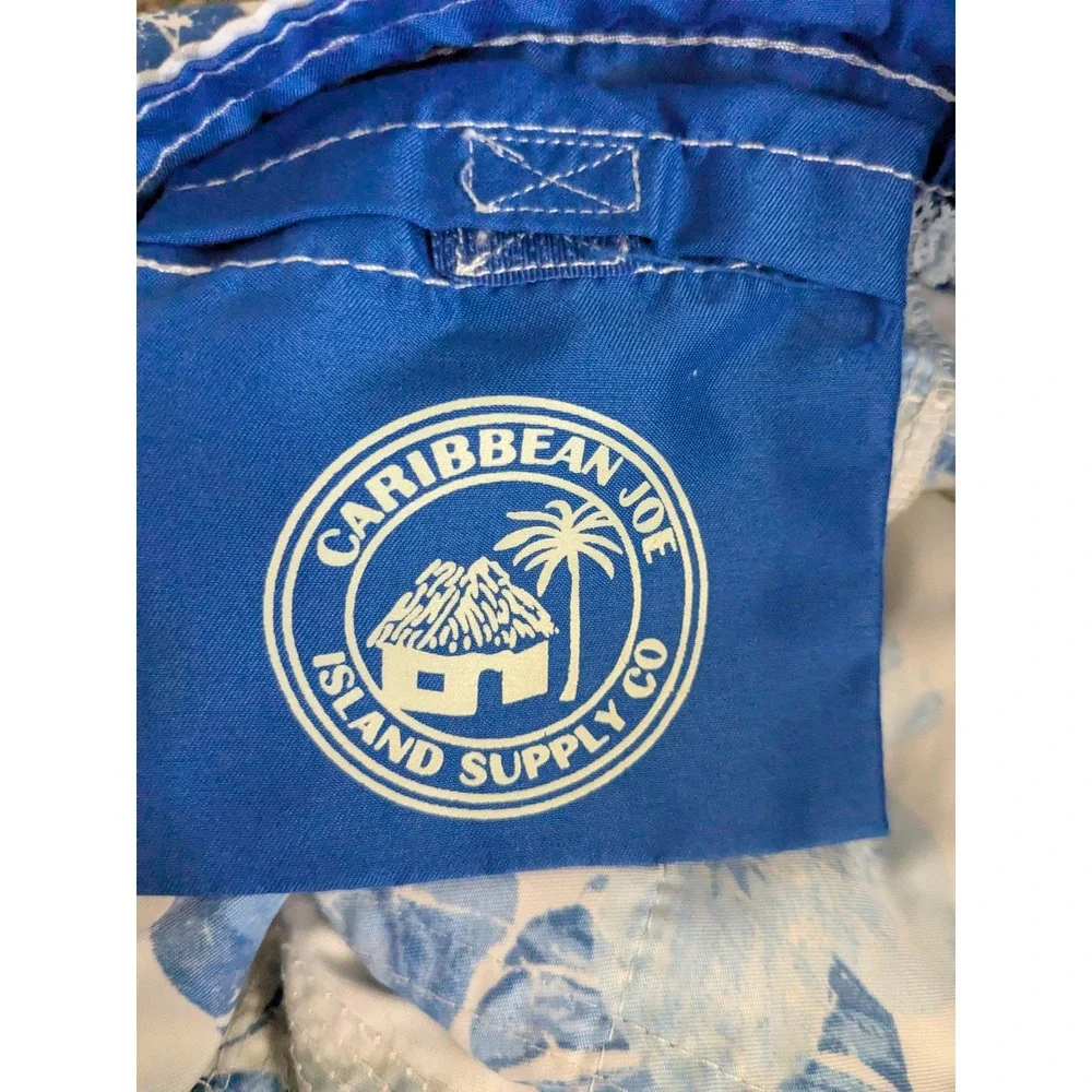 Caribbean Joe Mens Blue Tropical Postcard Floral Swim Trunks Board Shorts Large